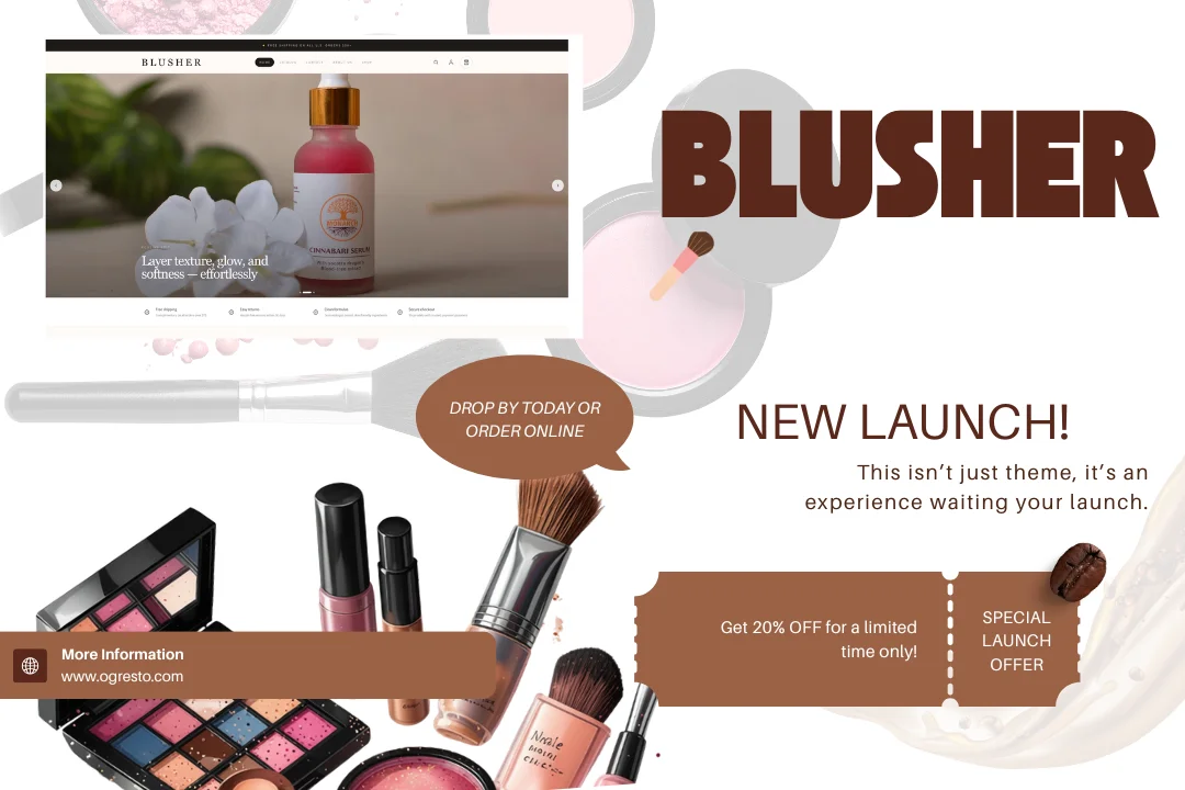 Blusher Shopify theme by Ogresto as Prestige alternative for beauty skincare and feminine brands