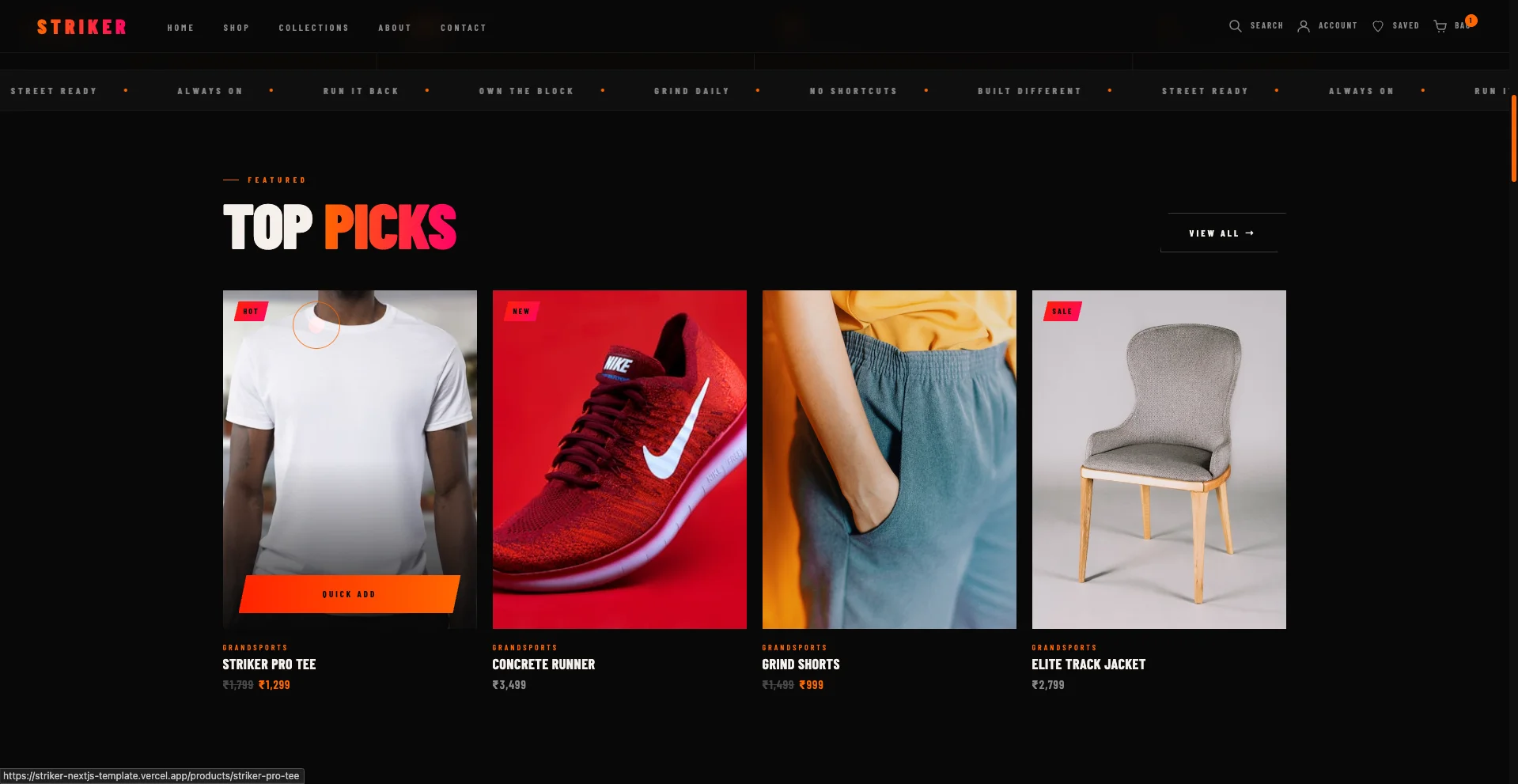 Striker Shopify theme product page showing ingredient tabs and trust badges for supplement and nutrition stores