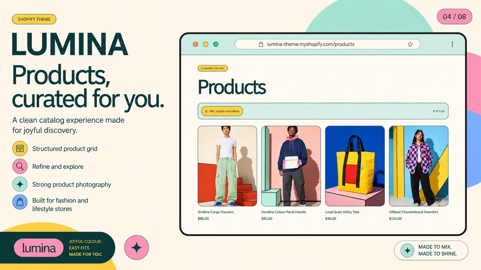 Lumina streetwear Shopify theme gallery visual for colorful apparel and graphic fashion stores