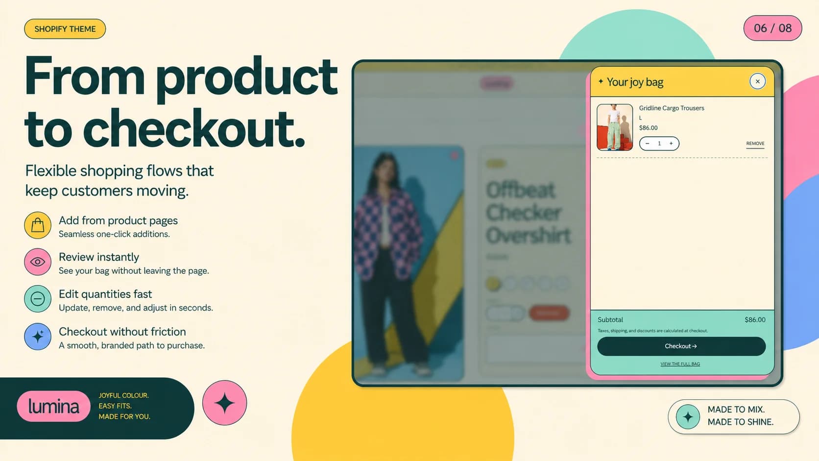 Lumina colorful ecommerce theme visual for graphic clothing product presentation