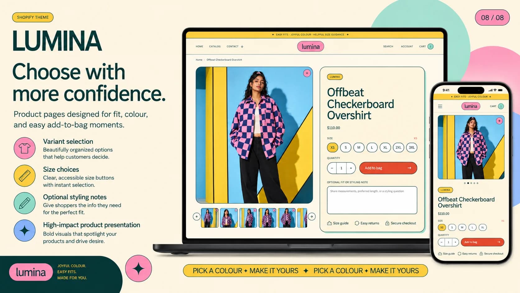 Lumina colorful streetwear Shopify theme visual with bold fashion merchandising