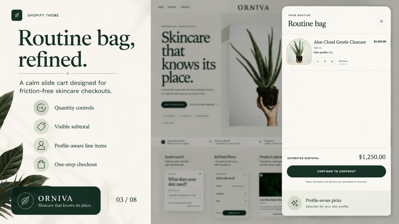 Orniva Shopify theme preview highlighting skincare product education and shopping flow
