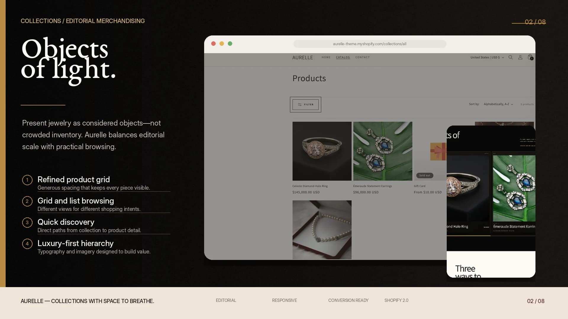 Aurelle luxury jewelry Shopify theme editorial collection layout