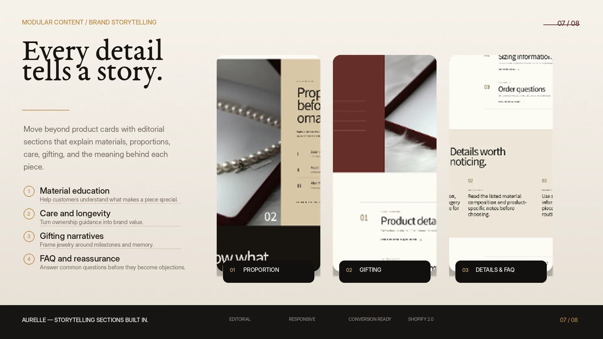 Aurelle luxury jewelry theme editorial storytelling section