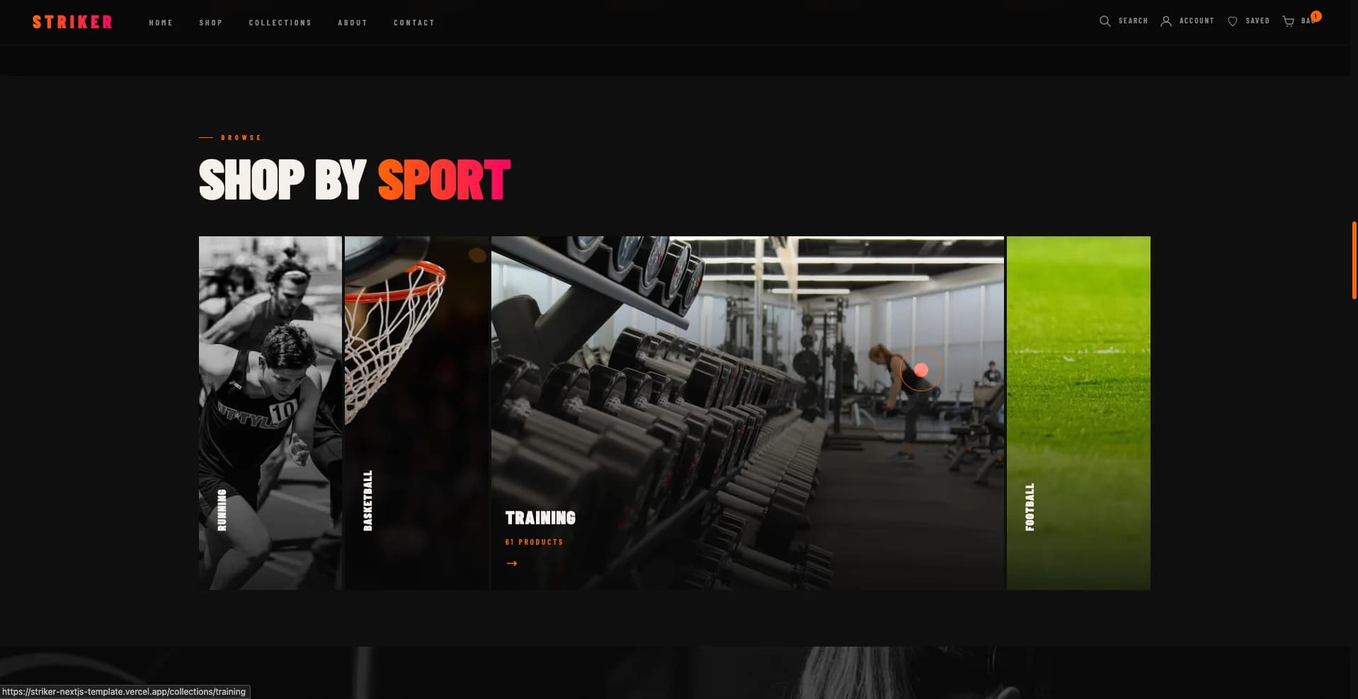 Striker dark Next.js template product collection page with filters and grid layout