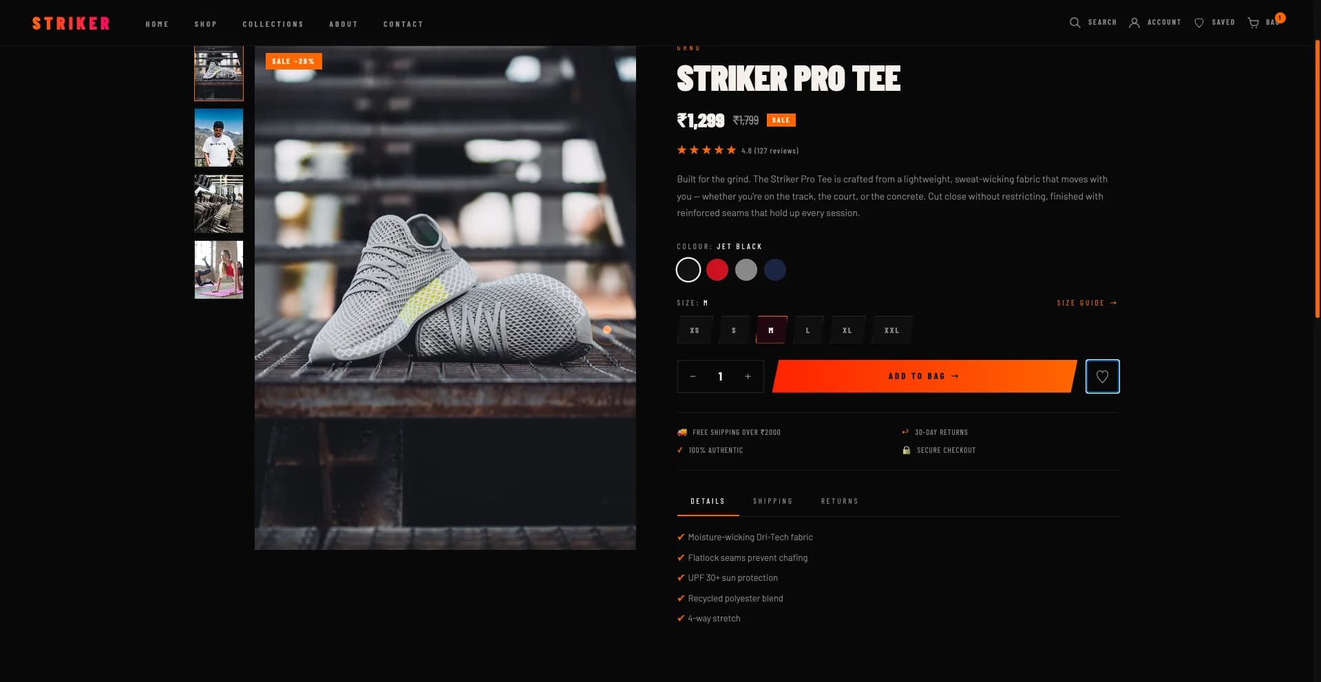 Striker dark Shopify theme product collection page with category filters for gym apparel stores