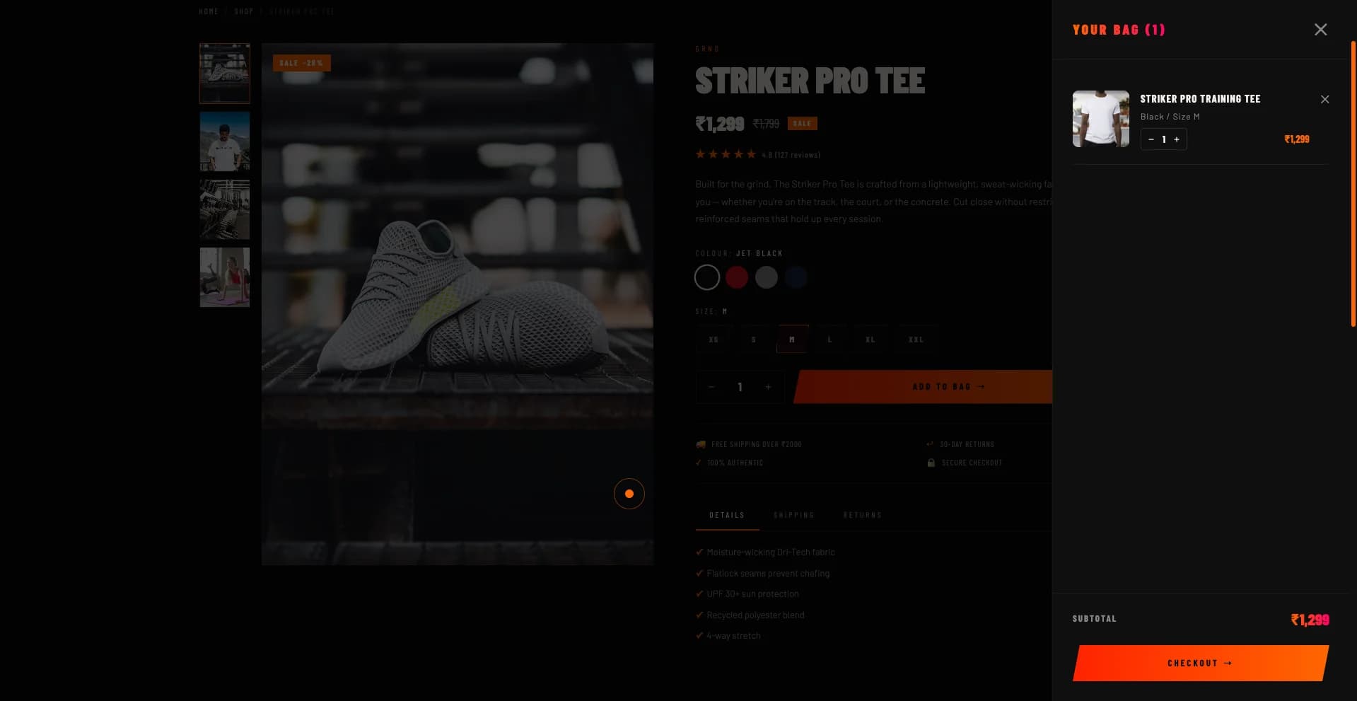 Striker Shopify 2.0 theme cart drawer slide-out with upsell for sportswear and activewear brands