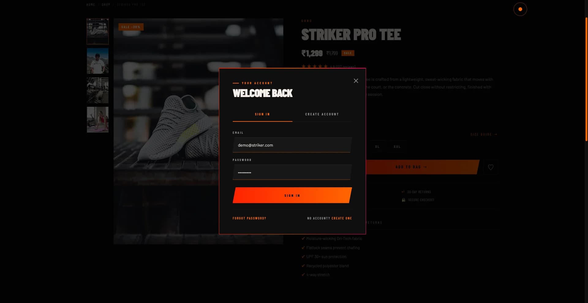 Striker dark ecommerce template categories grid and best sellers carousel