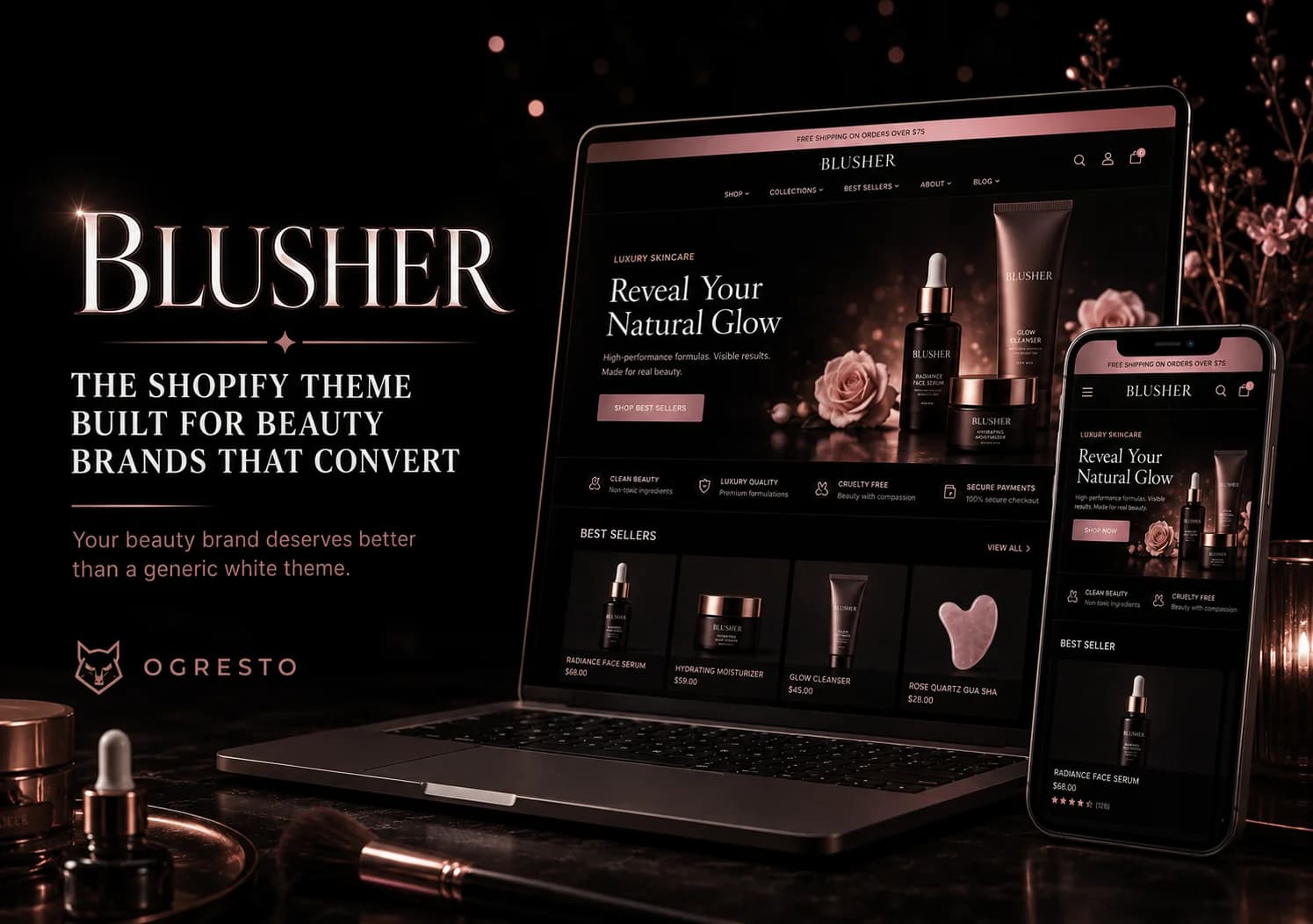 Blusher Shopify theme for beauty and skincare brands showing elegant dark luxury ecommerce store on laptop and mobile