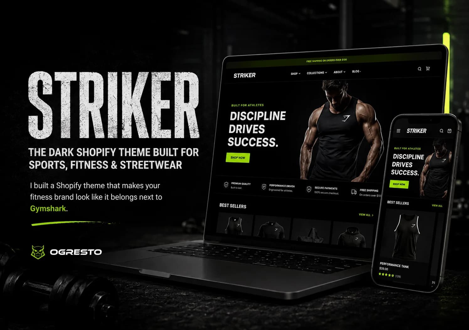 Striker dark Shopify theme for sports fitness and streetwear brands showing store mockup on laptop and mobile