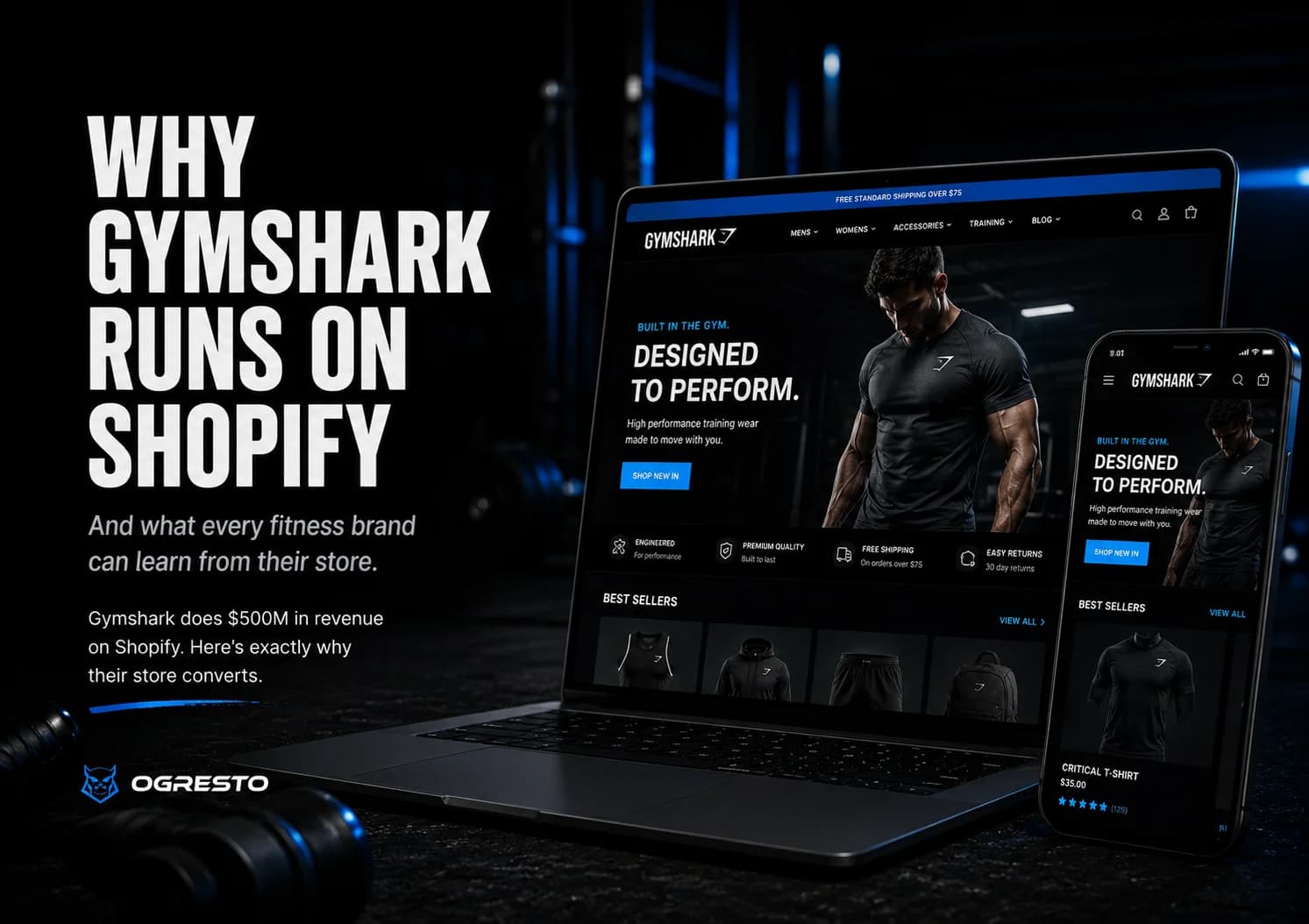 Why Gymshark uses Shopify — dark athletic ecommerce store mockup showing Gymshark-style design on laptop and mobile