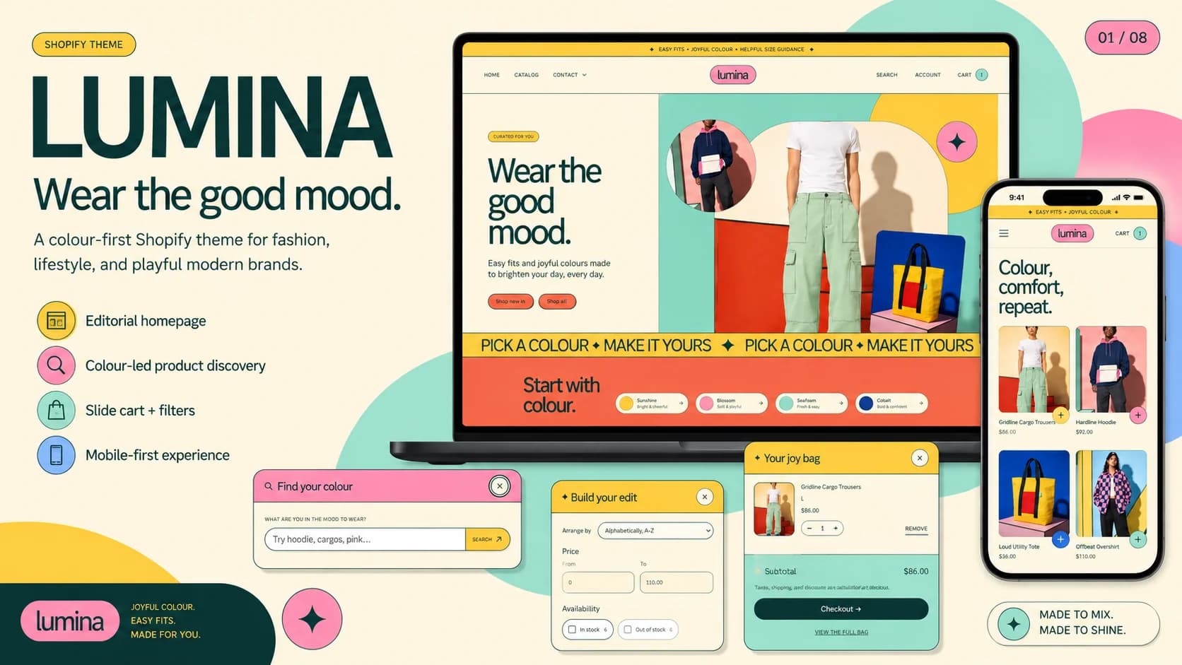 Lumina colorful streetwear Shopify theme for graphic clothing and unisex fashion brands