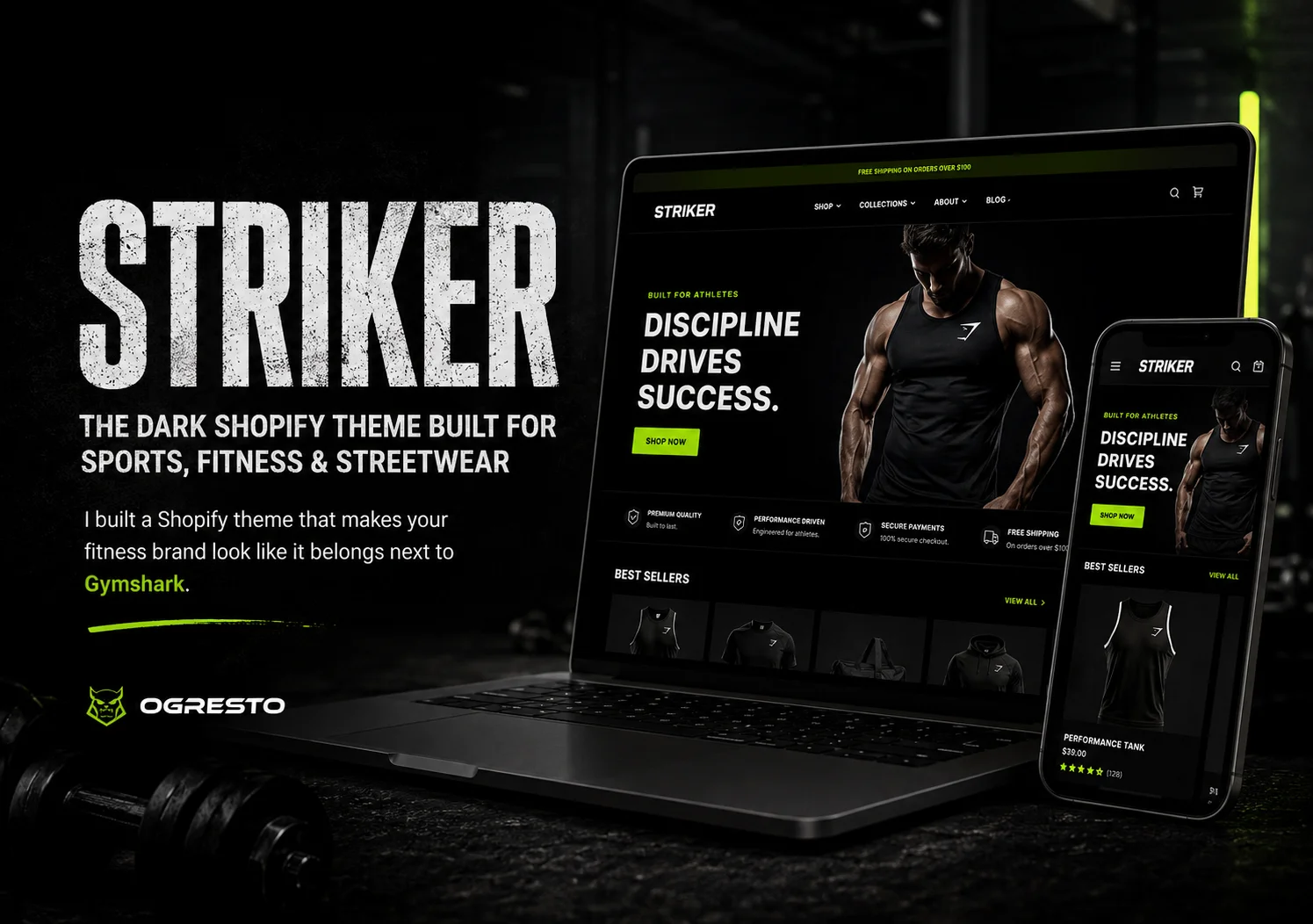 Striker dark Shopify theme for sports fitness and streetwear brands showing store mockup on laptop and mobile