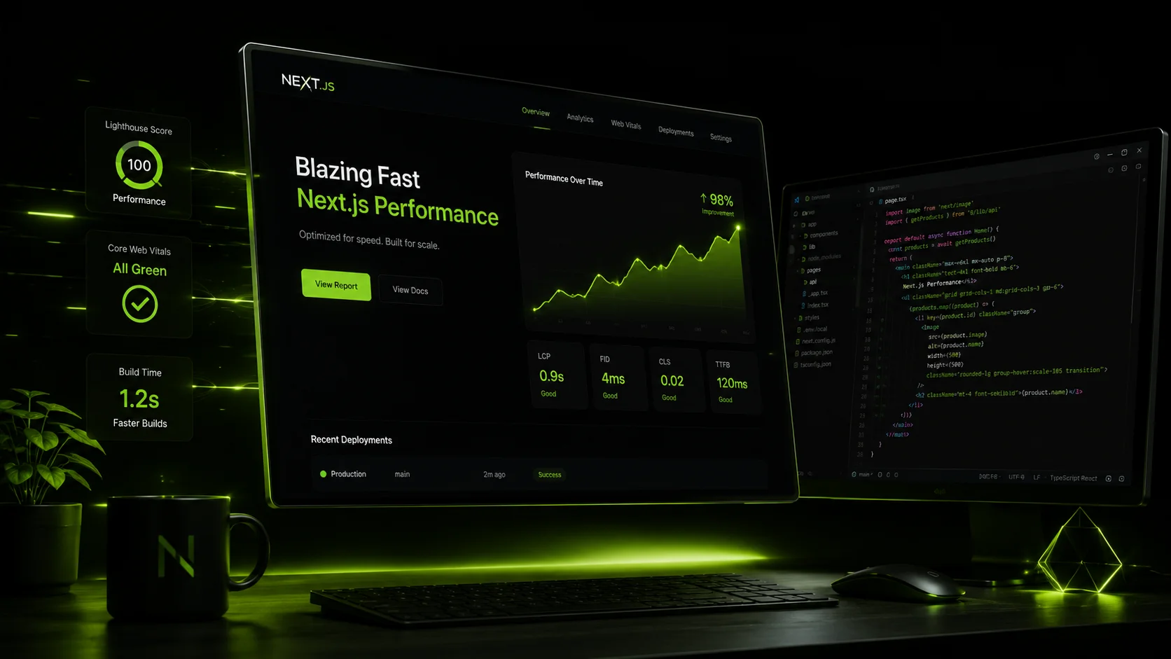 Next.js 16 performance dashboard showing improved build times Core Web Vitals and ecommerce metrics compared to Next.js 15