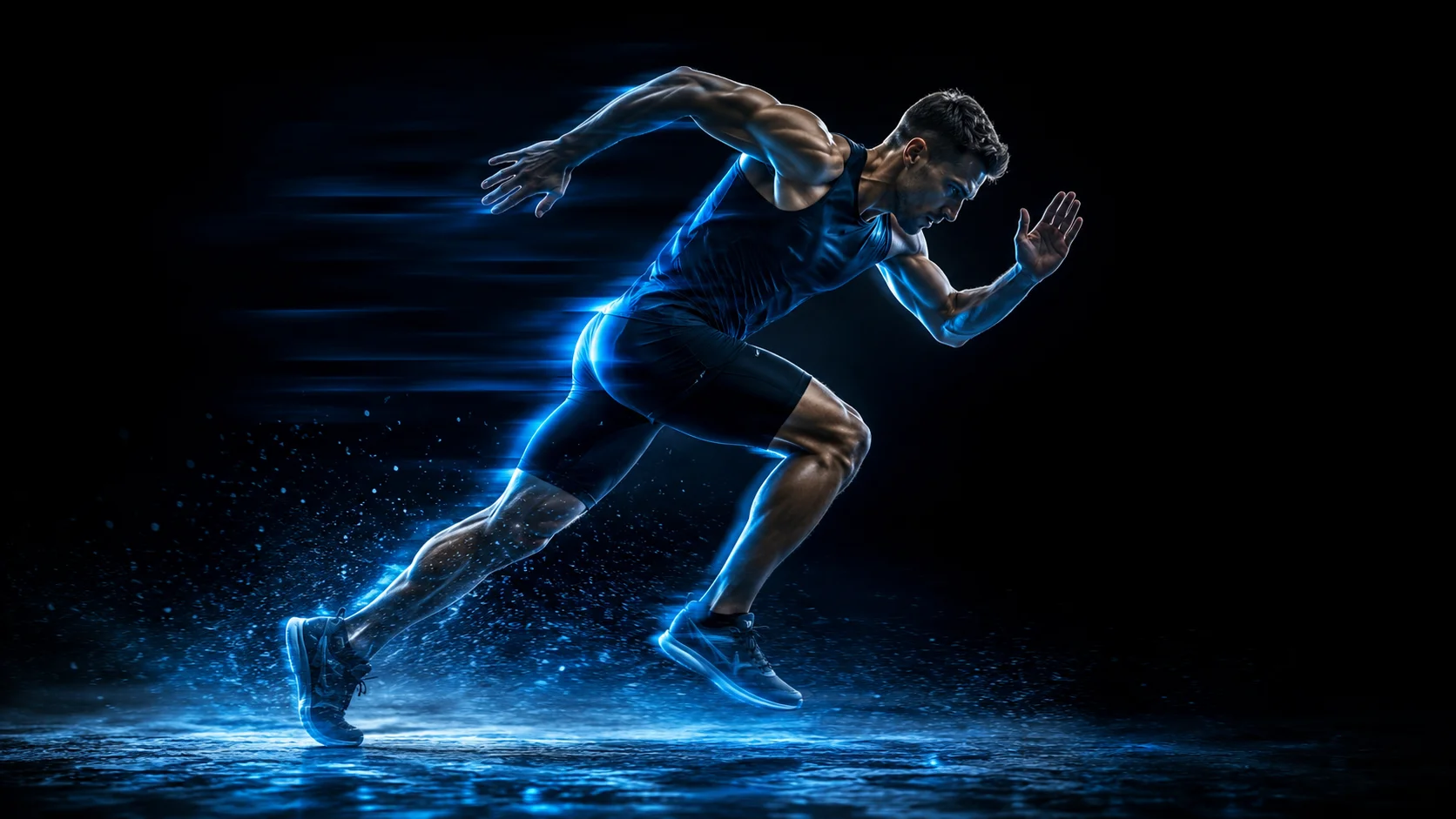 Athletic sprinter with electric blue lighting representing the high-performance energy of fitness brands like Gymshark on Shopify