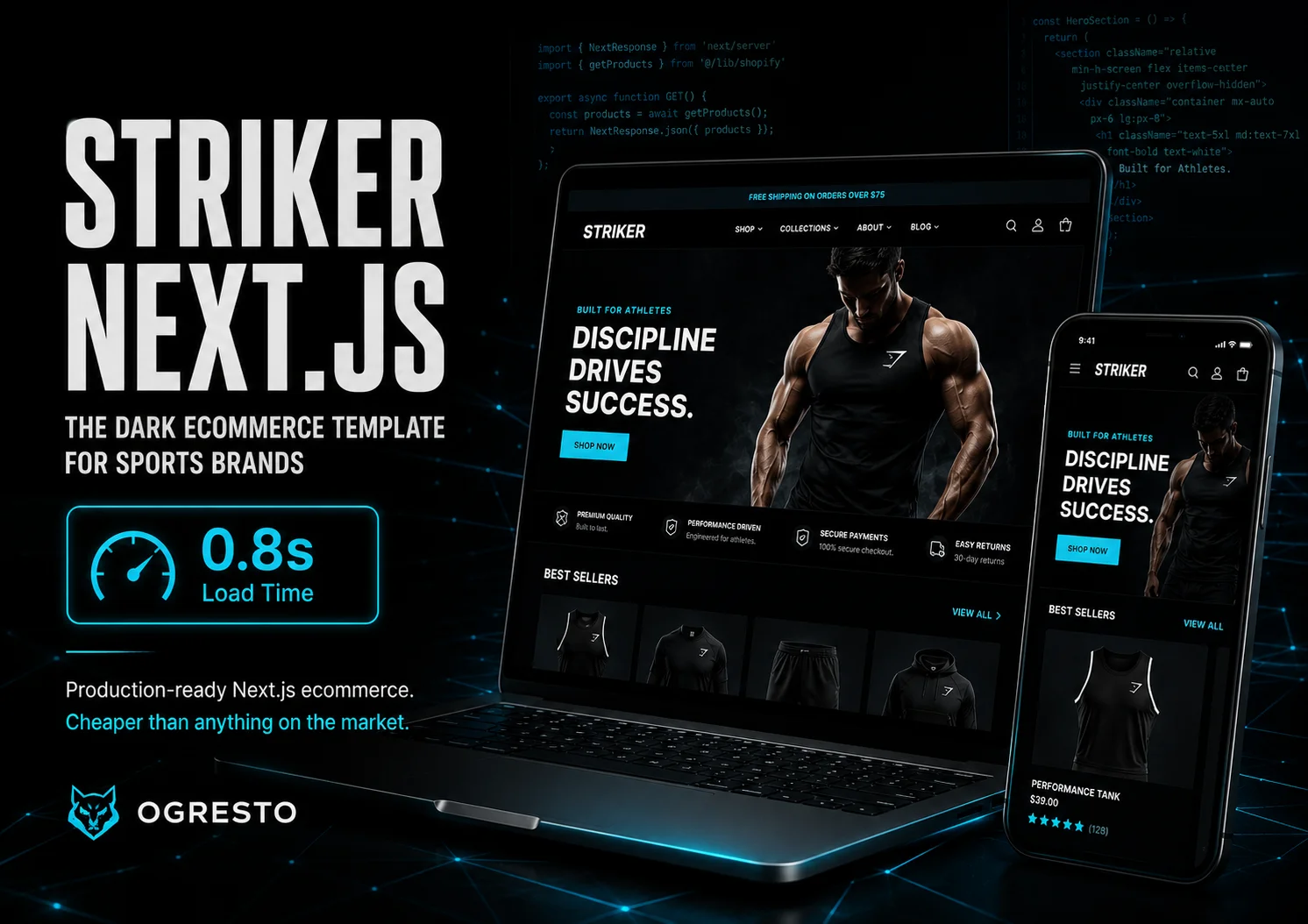 Striker Next.js dark ecommerce template for sports and fitness brands showing store on laptop and mobile with performance metrics