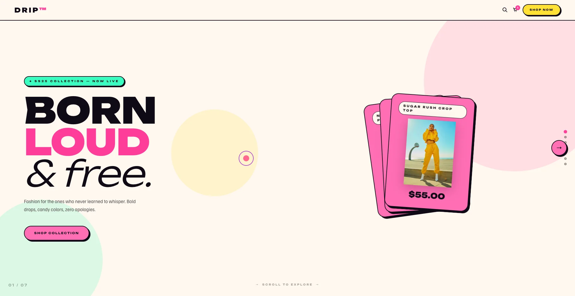 Drip neobrutalist Shopify theme homepage showing vibrant pink yellow violet colours bold typography and raw borders for streetwear brands