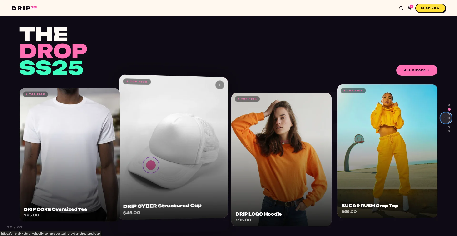 Drip Shopify theme product page showing neobrutalist 3D card effects bold display typography and vibrant colours for streetwear stores